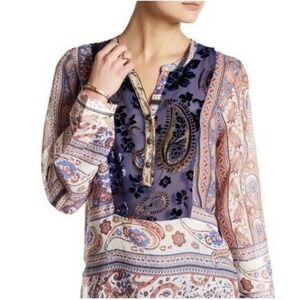 Aratta Silent Journey Tunic Blouse Wmn XL Blue Pink Paisley Velvet Burnout Boho